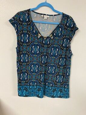 Blue Patterned V-Neck Cap Sleeve Top by Rockmans